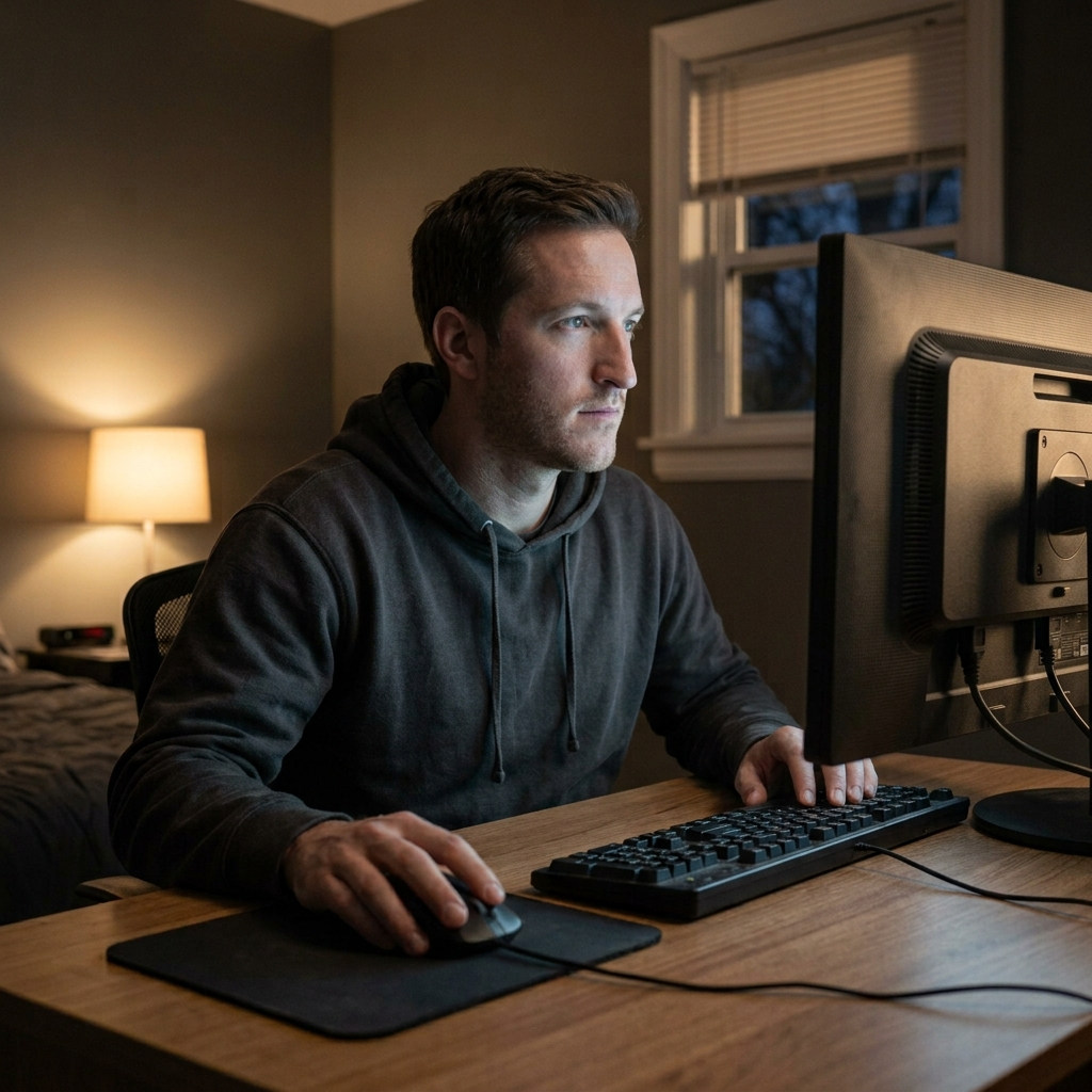Зависимый мужчина сидит за компьютером в своей комнате