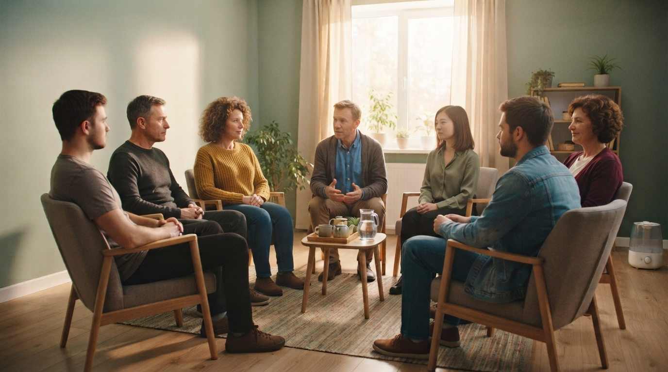 Психотерапевт проводит групповую терапию с пациентами